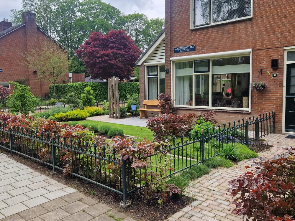 Voortuin met kleurrijke borders, sierboom en smeedijzeren hek